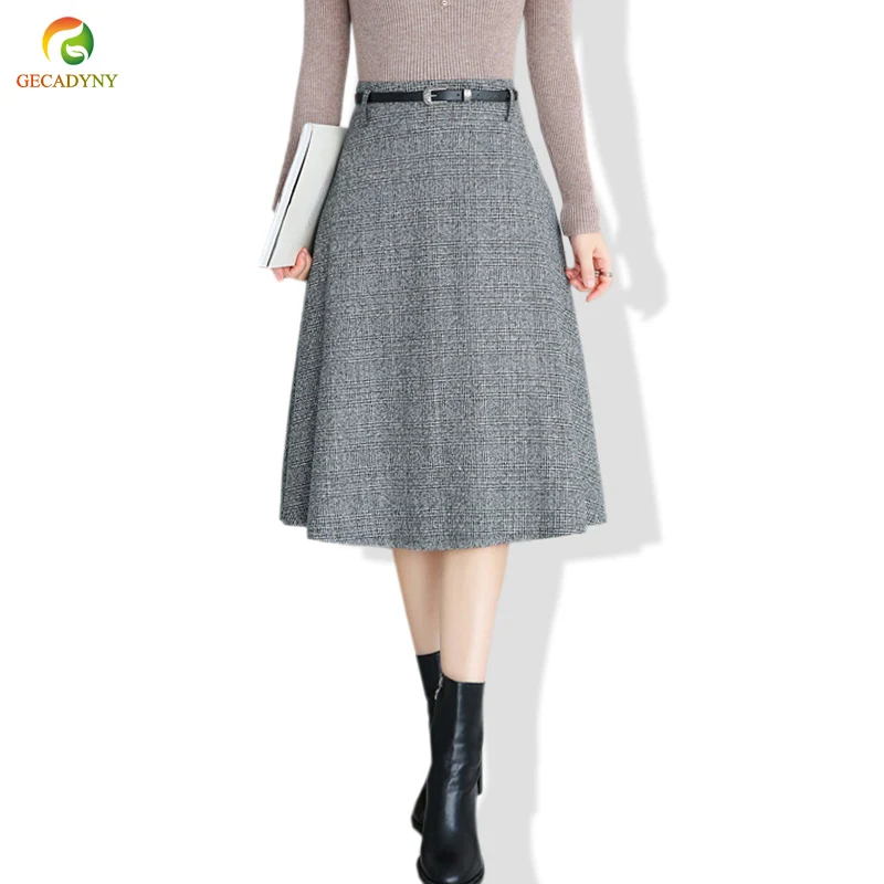 Kopen Elegante Wollen Rok Vrouwen Dieptepunt Midi Rok 2018 Herfst Winter Nieuwe Een Lijn Hoge Taille Plaid Geplooide Grote Schommel Rokken