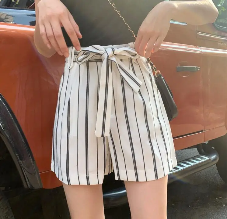 Летние женские новые полосатые кружевные повседневные шорты с высокой талией