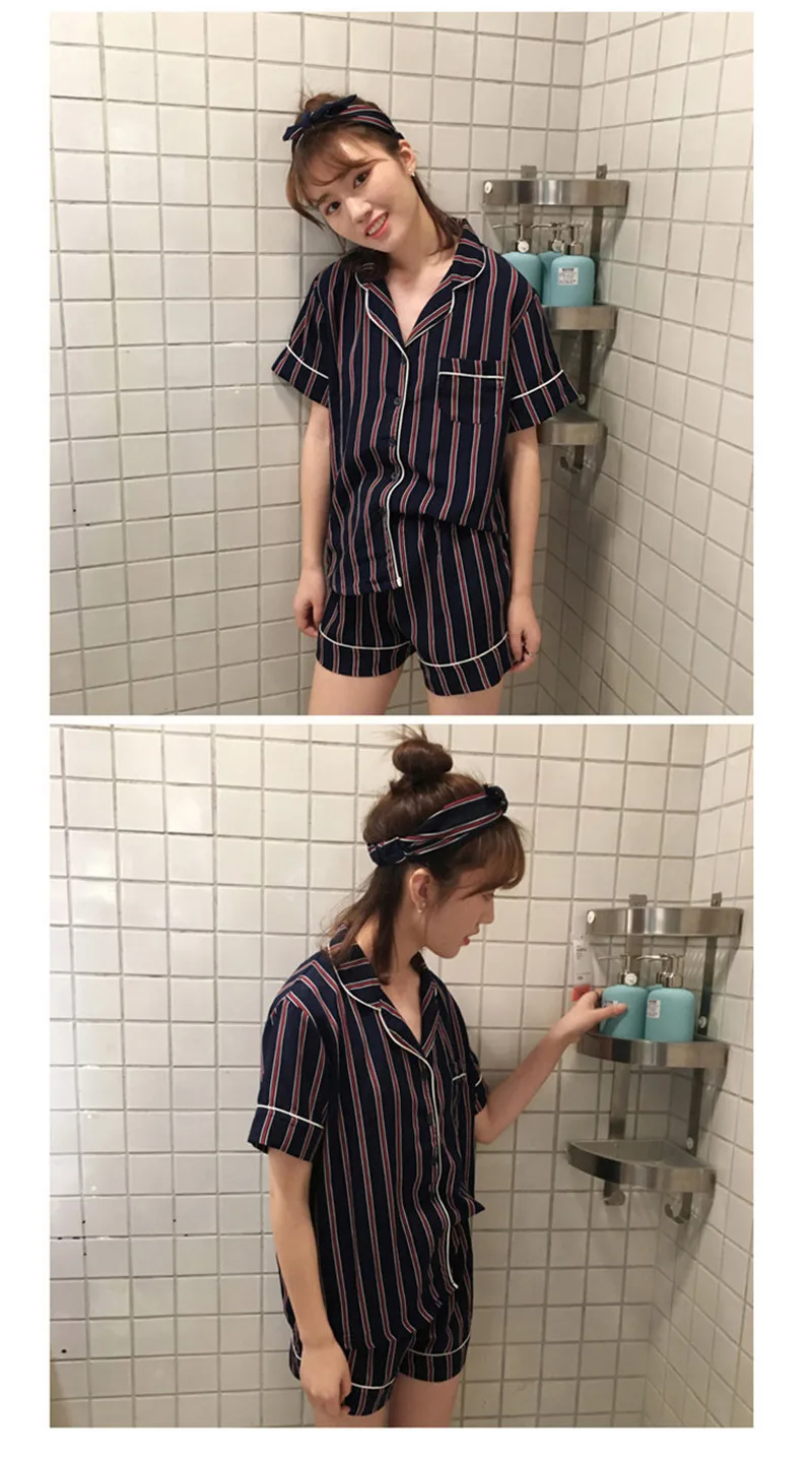 Rugod Лето 2018 новые модные женские туфли пижамы отложной воротник пижамы 2 комплект из двух предметов футболка + шорты в полоску Повседневное
