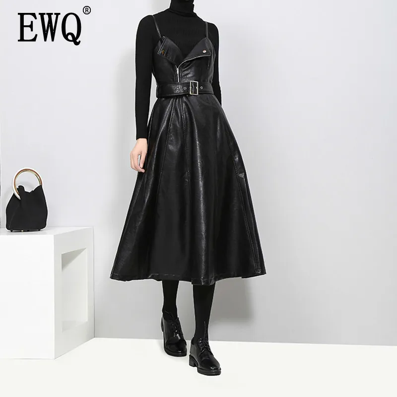 

[EWQ] 2019 New Spring Solid Color Strapless Black PU Leather High Waist Belt Zipper Loose Dress For Women Fashion Tide JD032