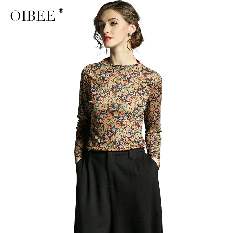 

OIBEE Basic Cotton Elegant Tops Tees with Star Prints Women Long Sleeve Tee Shirts Slim t shirt