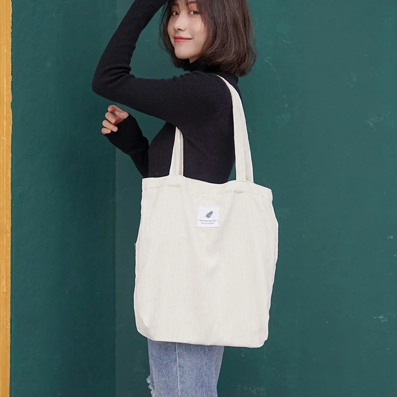 Grand Sac Tote En Velours Côtelé Noir Et Blanc - Sac Fourre-tout Femme, Bandoulière, Pour Quotidien