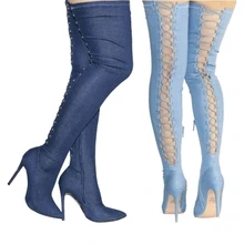 Модные джинсовые пикантные Женские Сапоги выше колена на шпильке со шнуровкой сзади
