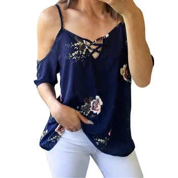 

Floral Print V-Neck Off Shoulder Hollow Out Womens Tops And Blouses Casual Beach Women's Shirt Loose Half Sleeve Blouse Female