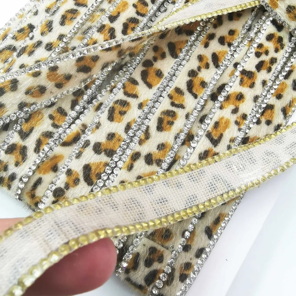 1 ярд исправление Стекло Стразы центр Леопард плюшевая ткань кристалл лента отделка Алмазная аппликация из страз для одежды ремесла