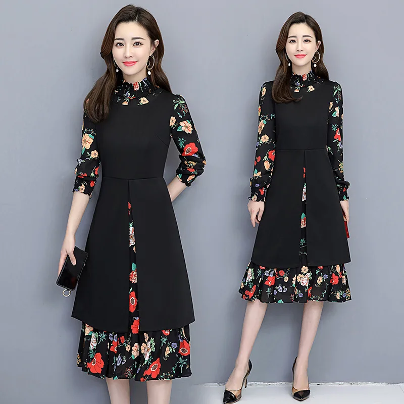 

2019spring new women's chiffon fake two-piece dress large size M-4XL fashion temperament slim summer dress high quality vestidos