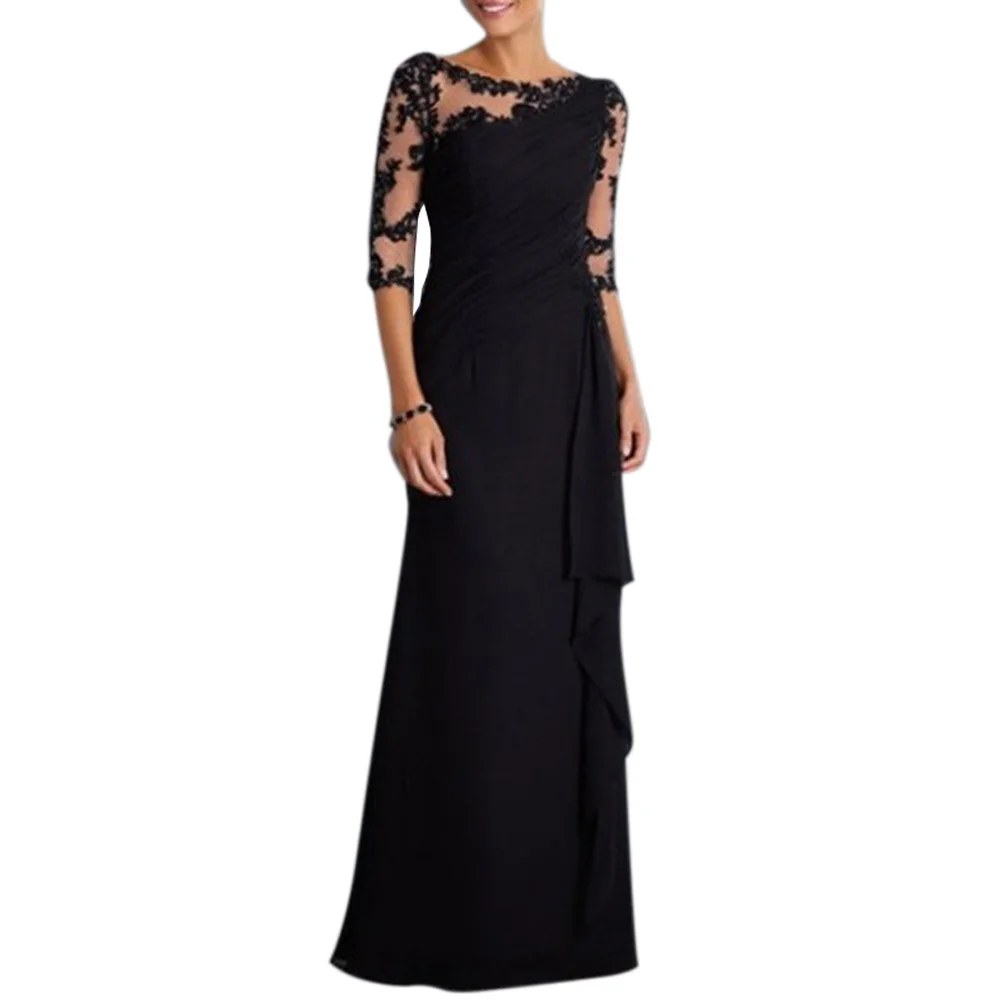 Новое Женское длинное кружевное платье с короткими рукавами и круглым вырезом, облегающее женское вечернее платье DO99 - Цвет: Черный