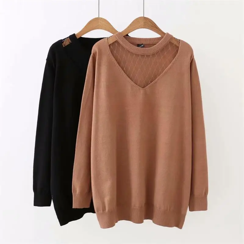 

Plus size autumn O-Neck women Knitted pullovers 2018 casual black & Caramel color mesh patchwork ladies sweater wool female 5XL