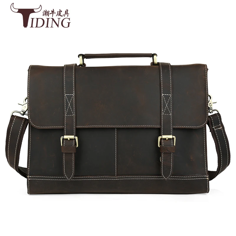 

Crazy Horse Leather Men's Dark Brown Briefcase Messenger laptop men messenger bags15" business man totes shoulder handbags