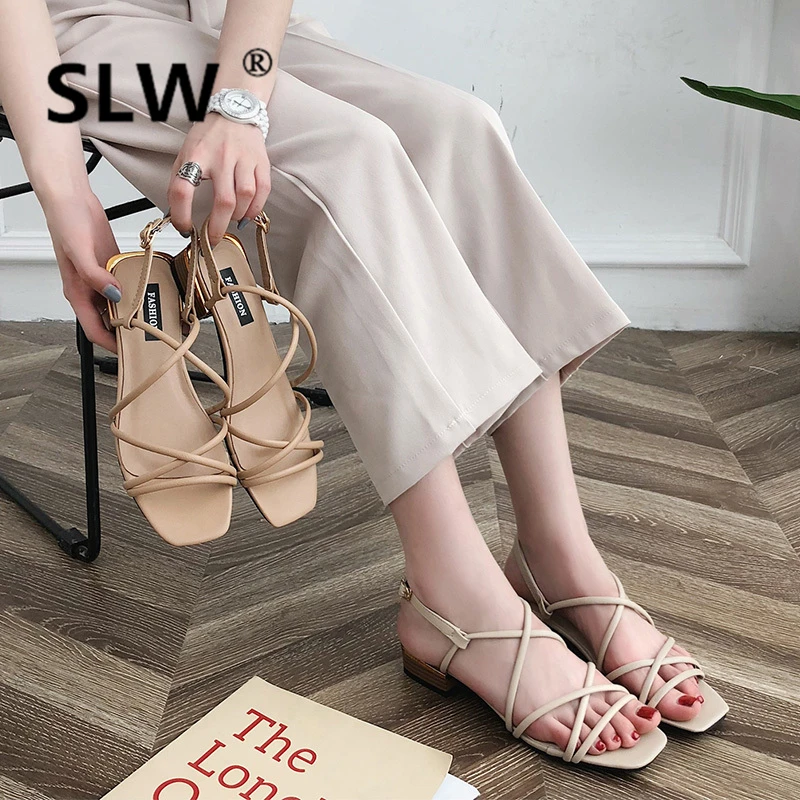 

Rome Strappy sandals summer shoes schoenen High tip binding heels Solid Color Hoof Heels Low grinding belts soulier femme