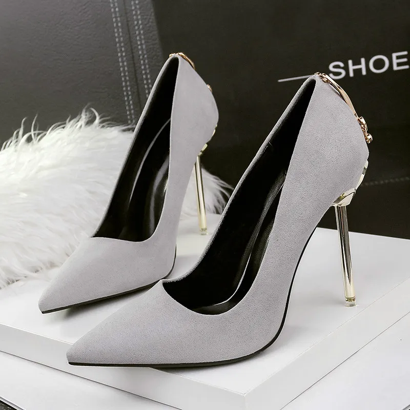 

Women Pumps Shoes Flock Slip-On 10cm Thin High Heel Pointed Toe Metal With Bow Shallow Solid Sexy Club Lady Party Female Shoes