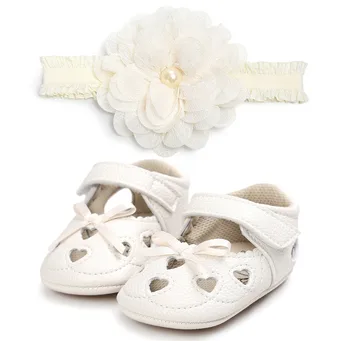 

Summer Baby Girl Flower Soft Shoes Baptism Christening Shoes Girls Soft Sole Toddler Leather Pu Shoes Headband Set