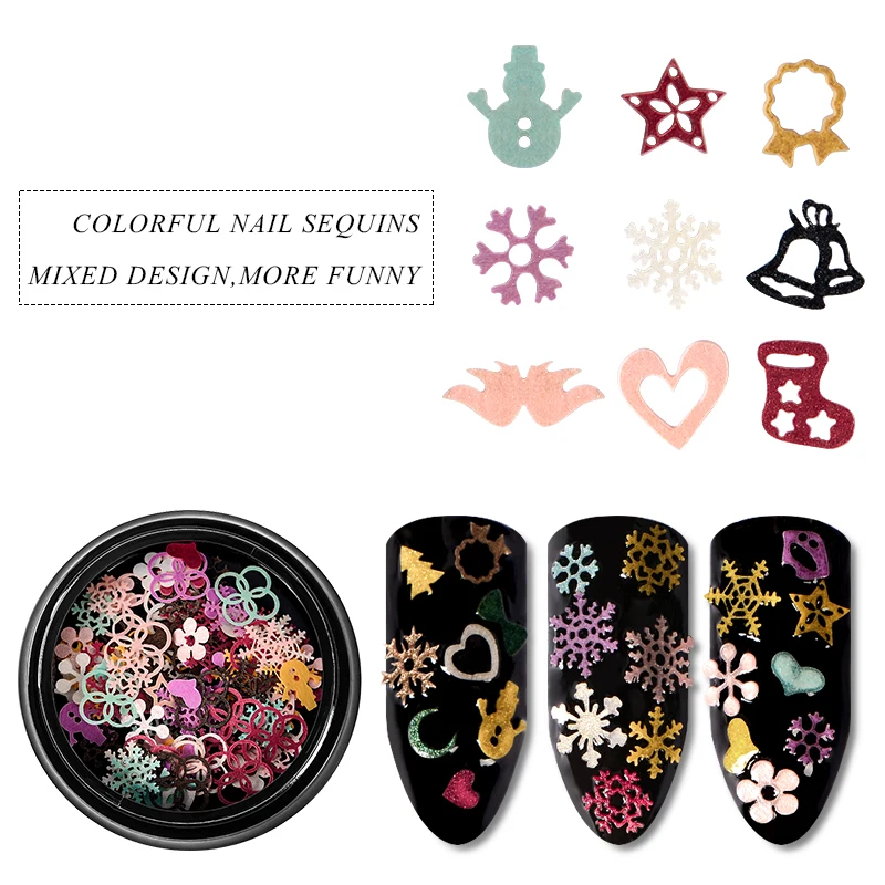 

Mtssii 1pc Christmas Snow Fakes for Nail Art Decoration Rainbow Color Mixed Shape Christmas Tree Snow Man Nail Sticker Decor
