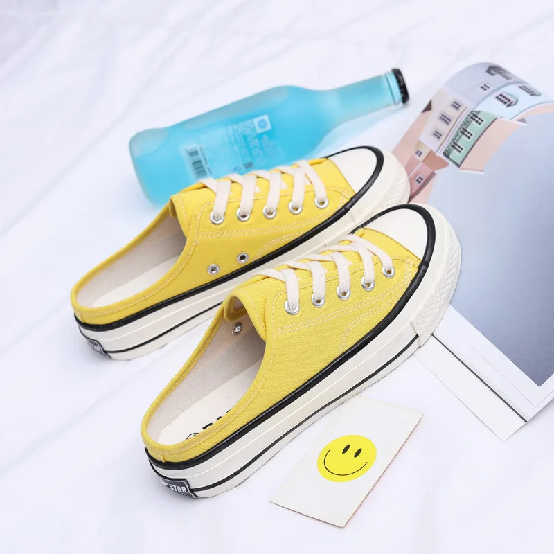 

New Spring 2019 Woman Half Slippers Canvas Shoes Platform Sneakers Women Casual Comfortable Loafers Low Lace Up Shoes