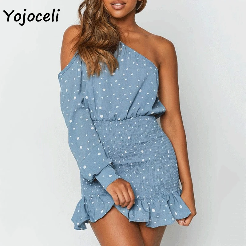 Yojoceli, сексуальные вечерние платья в горошек для клуба, женское мини-платье на одно плечо с рюшами, облегающее женское платье vestidos - Цвет: Синий