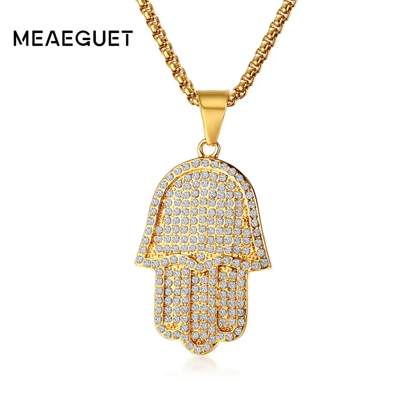 

Meaeguet Hip Hop Men Jewelry Bling Micro Pave Cubic Zirconia Hamsa Hand Iced Out Cool Men Box Chain Good Luck Necklace