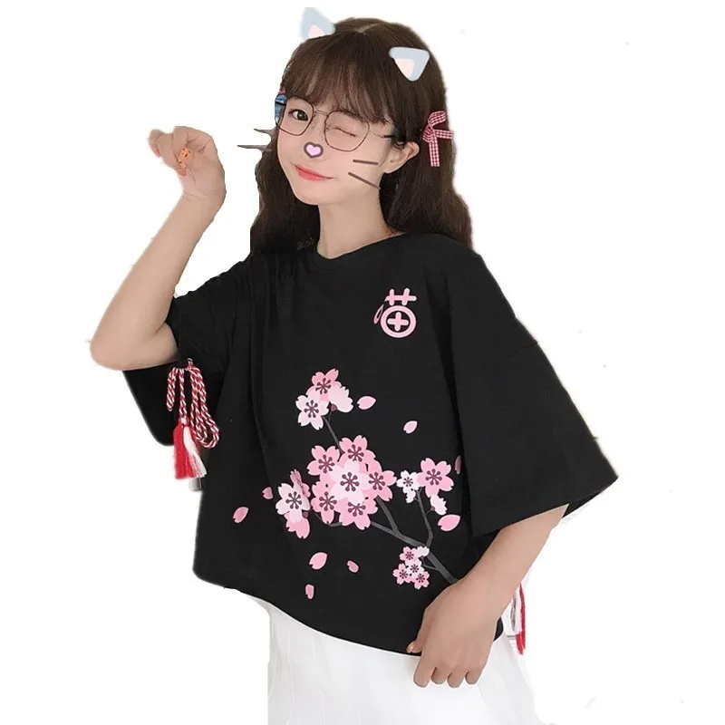 

Women Harajuku Sakura Printed Tassel Flare Sleeve Casual T-Shirt Sweet Girls Summer Kawaii Tee Shirt With Lucky Rope Top Tees