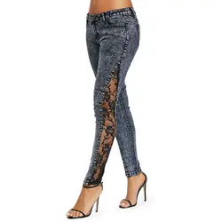 Горячие низкой талией Sheer Кружева стороны джинсы кружева цветочные Лоскутная Брюки женские джинсовые брюки Узкие пикантные офисные