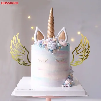 

OUSSIRRO Popular Eco-friendly Wedding decoration 3D Acrylic Unicorn Ear Angle Party supplies decoration Hollow Wings Cake Decor