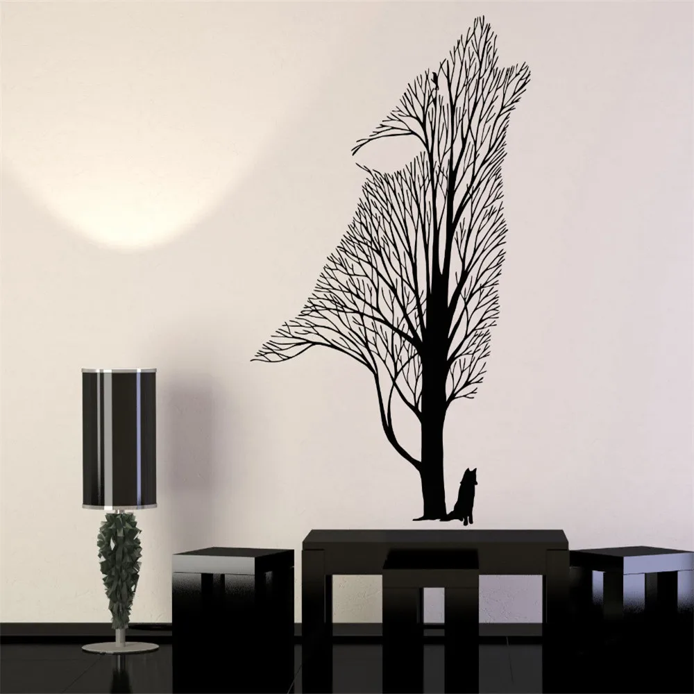 New Arrival Modern Vinyl Wall Decals Tree Howling Wolf Raven Animals