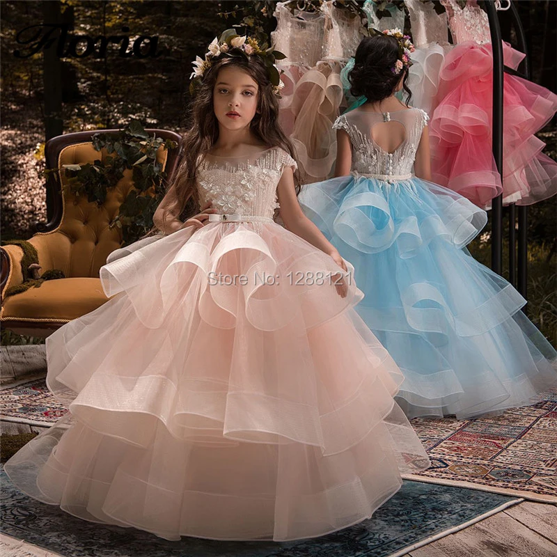Vestidos/длинное платье для маленьких девочек с бусинами; свадебное фатиновое бальное платье для первого причастия; платье ручной работы с жемчугом и цветочным узором для девочек;