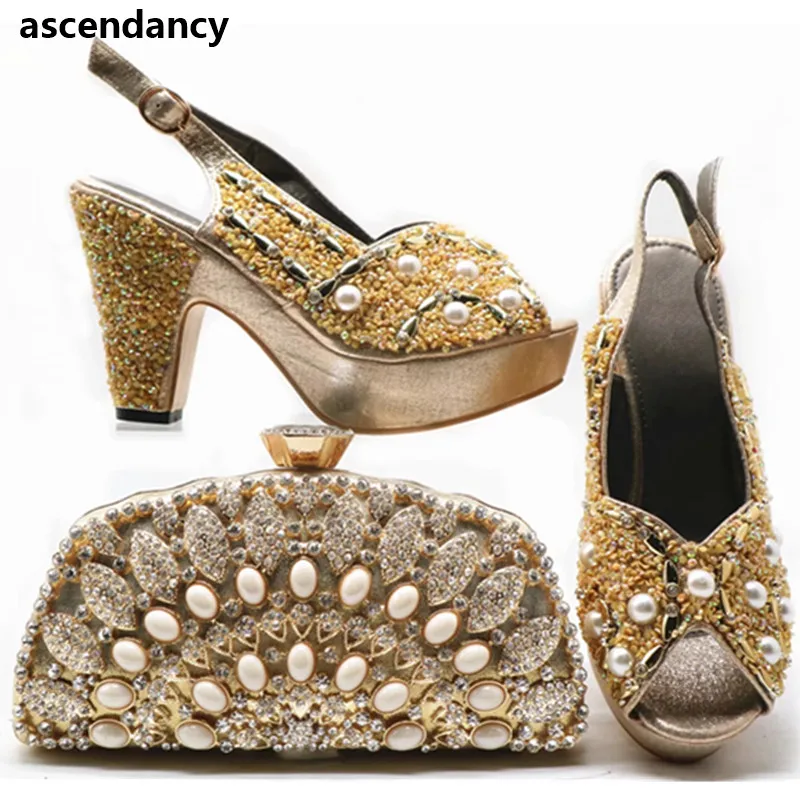 

Latest Design Women Italian African Party Pumps Shoes and Bag Set Decorated with Rhinestone Block Heel Shoes Wedding High Heels