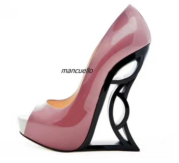 

Fashion Color Patchwork PU Leather Strange Heel Shoes Sexy Peep Toe Cut-out Heel Slip-on Pumps Trend Party Date Shoes