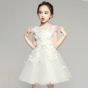 

White Lace Communion Dresses Made Princess Tutu Children Beads Ball Gown Flower Girl Applique Dress Zipper Wedding Pageant