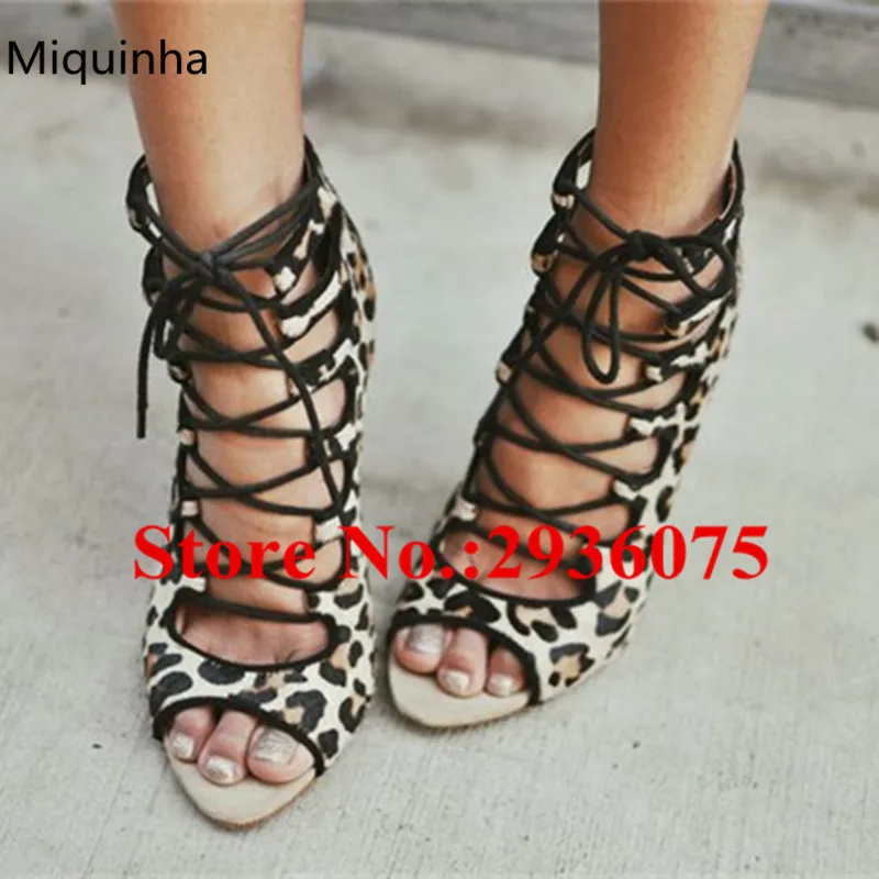 Sexy Leopard Suede Booties Peep Toe Lace Up Back Zipper Cut-Outs Women Ankle Boots Strappy Gladiator Sandals Ladies Shoes Woman