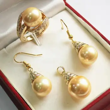 

Design Golden 12mm Shell Pearl Earring Ring Pendant Jewelry Set>AAA GP Plated gold Bridal wide watch wings queen JEWE