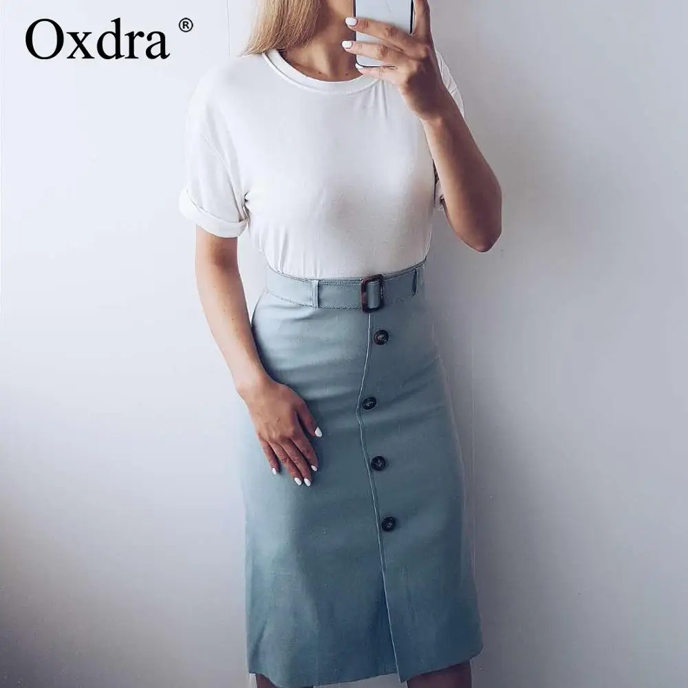 

Oxdra Solid Skirt Spring Autumn 2019 High Waist Skirt Button Women Split Knee-Length Stylish Skirts For Ladies
