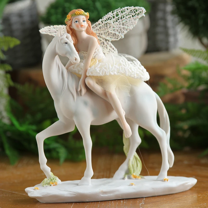 

Europe Resin Happiness Angel Crafts Home Garden Park Angel Girl Riding On Horse Ornament Decoration Creative Desktop Figurines