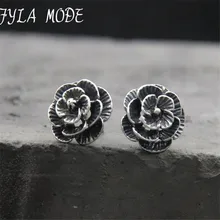 Fyla Mode Authentic 100% 925 Sterling Silver Black Rose Flower Stud Earrings For Women Fine Jewelry 11.50mm TYC189