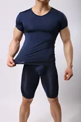 Мужской сексуальный ультра-тонкий плотный пижамный комплект из вискозы, прозрачная Мужская сексуальная футболка + штаны до колена