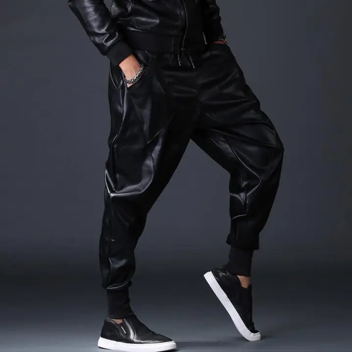

Casual personality fashion motorcycle faux leather pants mens feet pants korean pu trousers for men pantalon homme black fashion
