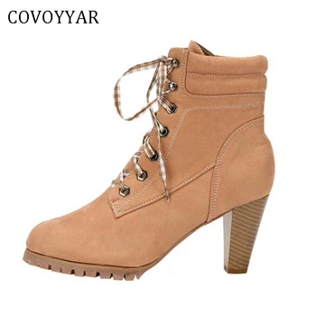 

COVOYYAR 2019 Thick Heeled Women Boots Ankle Autumn Winter Pointed Toe Lace Up Platform Lady Pumps Big Size 35-42 Booties WBS438
