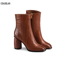 CDAXILAN Новые поступления женские ботинки натуральная кожа круглый с квадратным носком Обувь на высоком каблуке ботильоны на молнии женские пикантные короткие сапожки