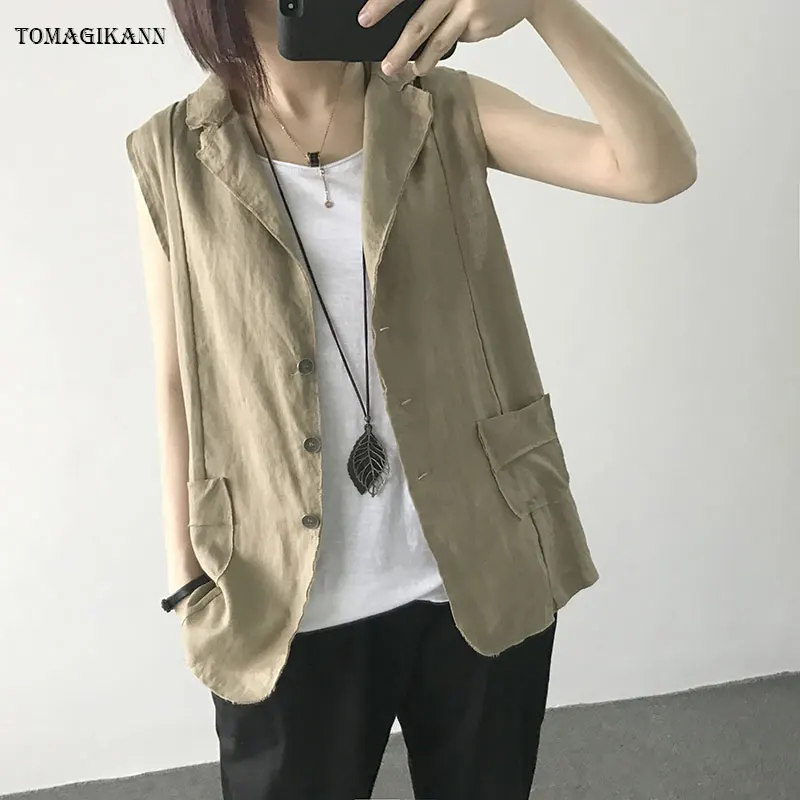 2017 New Summer Linen Solid Women Vest Coat Feminie Casual Single