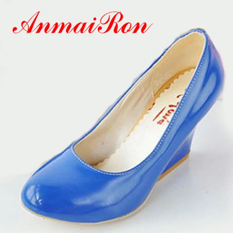 

ENMAYER Vintage Sexy Round Toe Patent Leather Wedges Women Pumps Shoes 2015 Casua New Design Less Platform Pumps big size 34-45