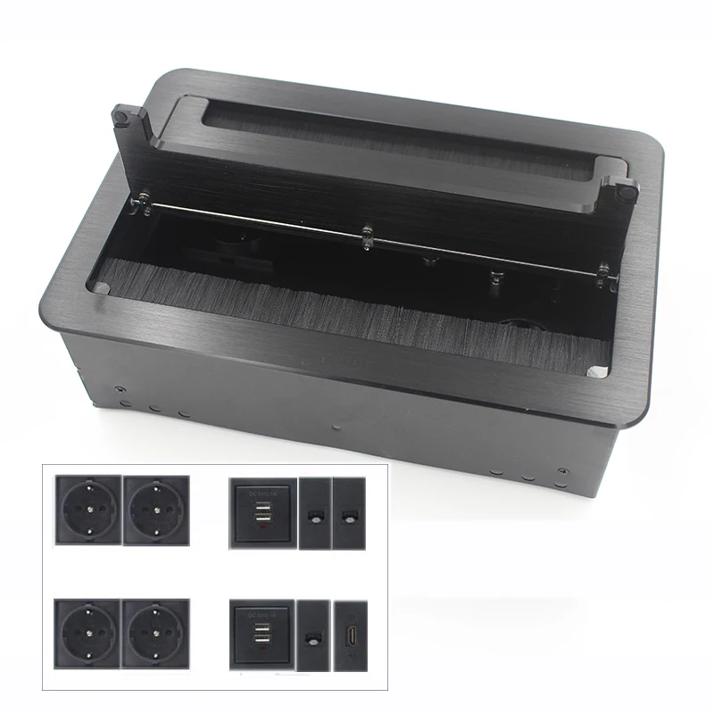 

JOHO Desktop Socket Aluminum Black Silver Panel EU Standard Open Type Table Socket With HDMI Double USB Charger