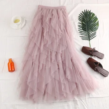 

high waist irregular women skirts ruffles pink princess pleated mesh ball gown all match long skirts lady skirts top quality