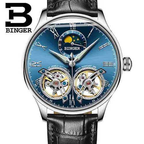 Швейцарские мужские часы с двойным Tourbillon, BINGER, автоматические часы для мужчин, модные механические наручные часы с кожаным ремешком - Цвет: Silv blue B8606A bla