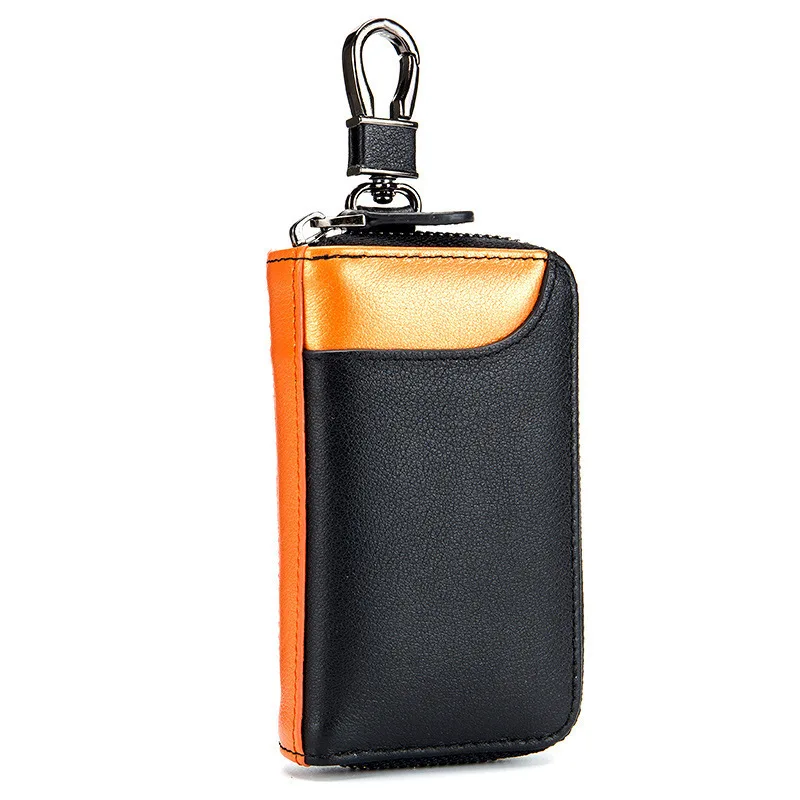 Натуральная коровья кожа, мужская и женская сумка для ключей от машины, кошелек, многофункциональный чехол для ключей, модный держатель для карт, ключница, держатели, 6 брелоков - Цвет: Black orange