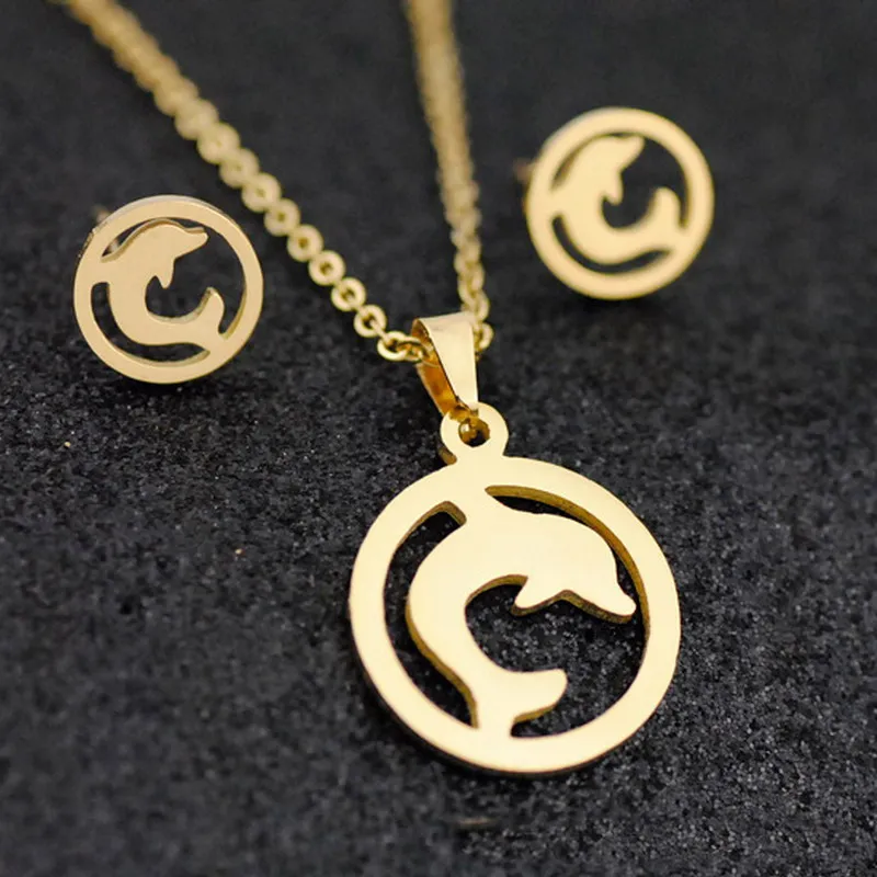 

Cute Hollow Dolphin Pendant Necklace Earrings Sets for Girls Women Gold Stainless Steel Jewelry Set Accessories