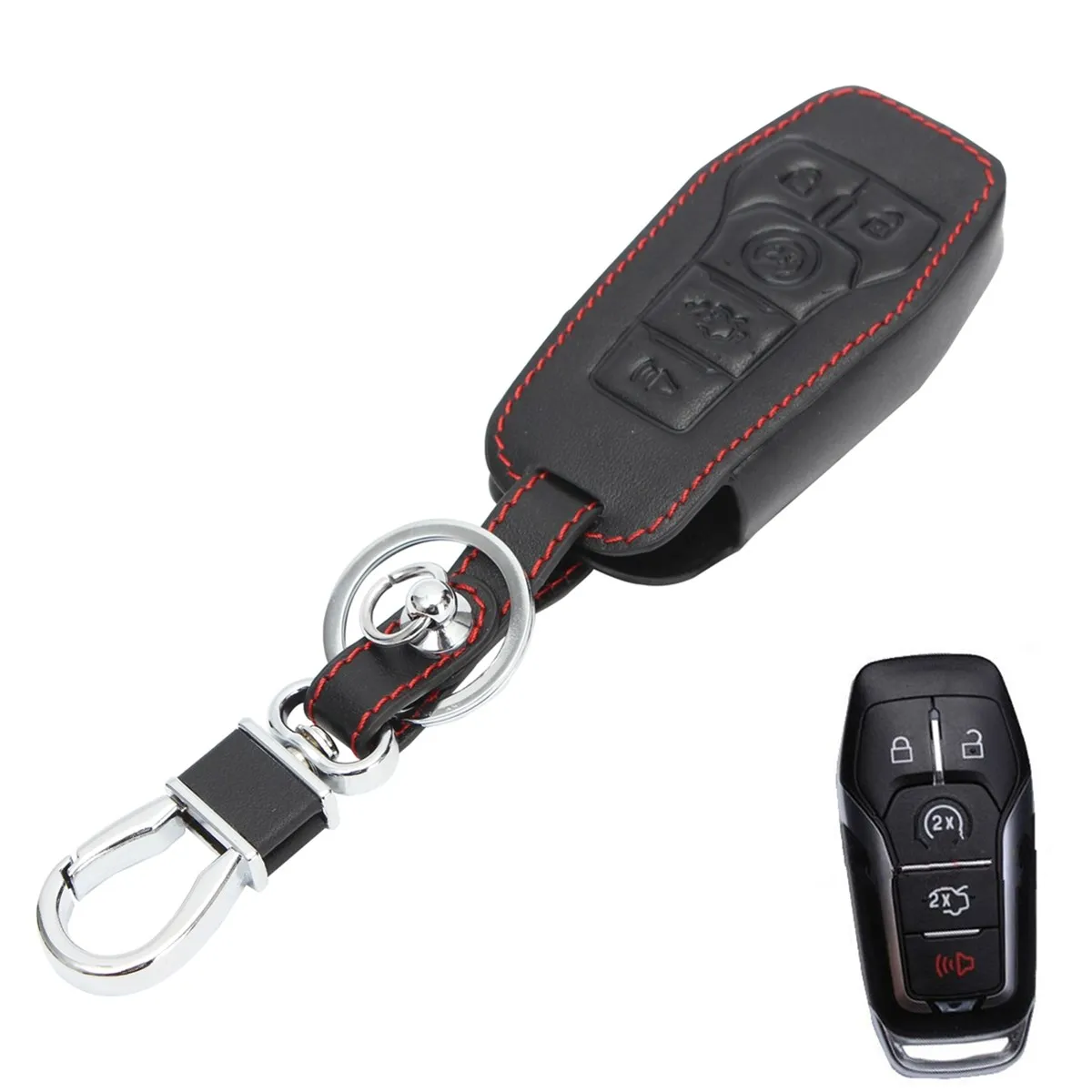 5 Buttons Leather Remote Car Key Chain Fob Cover Holder For Ford/Mustang/Edge Metal Black+Redin