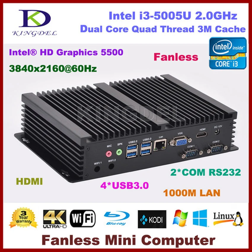 Kingdel безвентиляторный промышленный Мини-ПК, HTPC, неттоп, Core i3 5005u 5010u, 2 * COM RS232, 1 * HDMI, 1 * VGA, 1*1000 м LAN, ТВ Box, wifi, оконные рамы 10