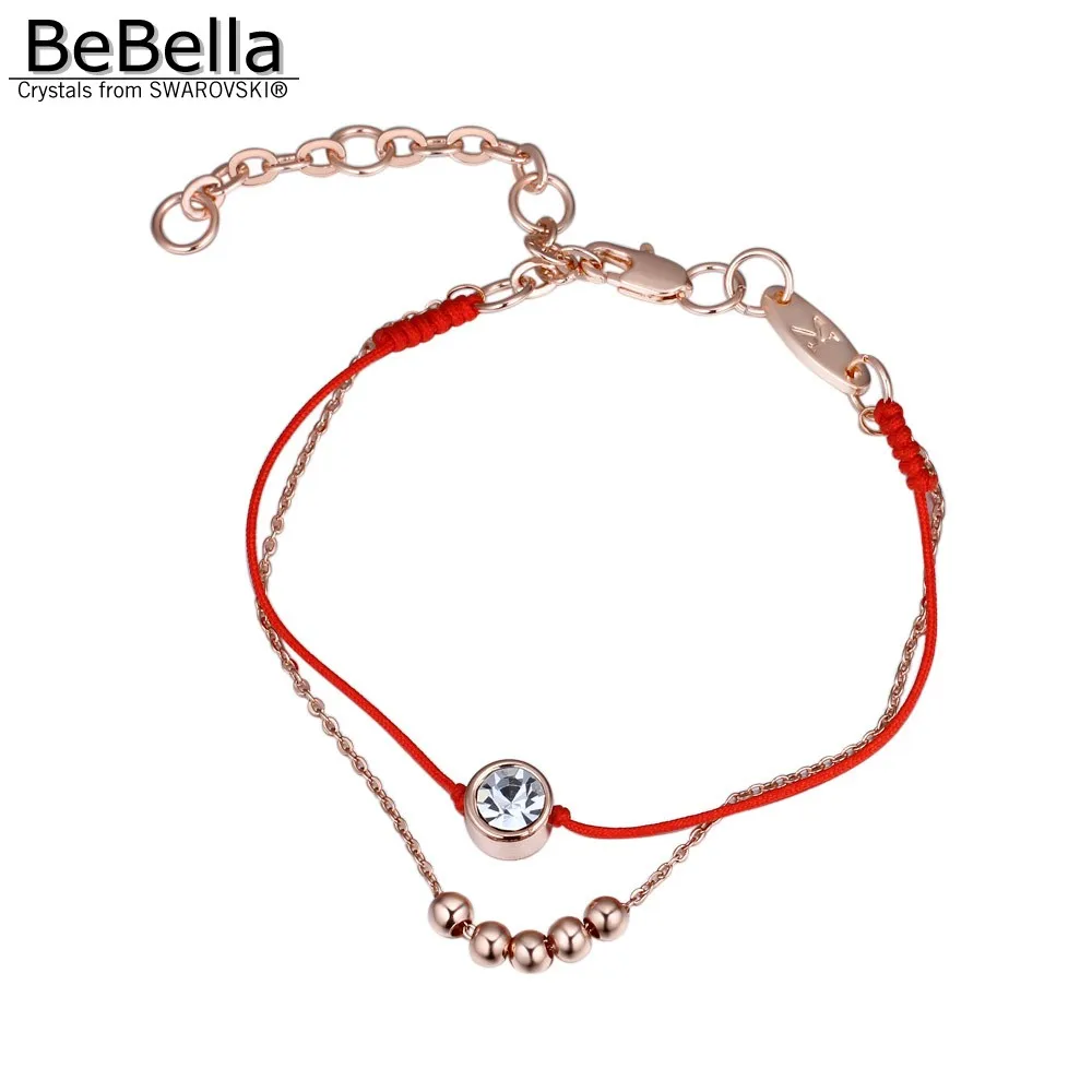 Женский тонкий браслет BeBella двухслойный с красным шнуром и инкрустацией стразами