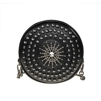 

Vintage Women Circular Handbag For Female Rivet Crossbody Shoulder Bag Diamond Purse