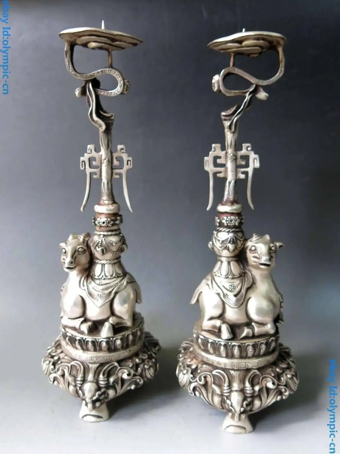 

13" China silver fine Elephant Aquarius Candlestick Candle holder pair Statue (D0426)
