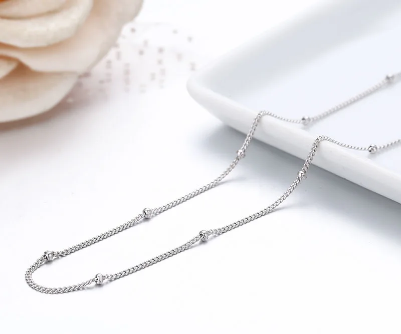 Slim 925 Sterling Silver Curb Beaded Chain Choker Necklaces Women Girls 40cm 45cm Jewelry kolye collares collane collier ketting